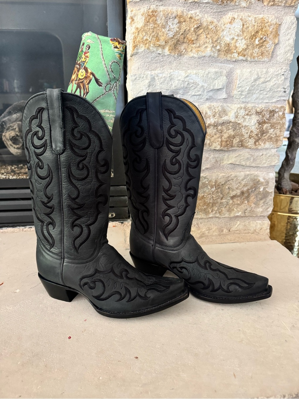 Cavender’s Black Genuine Leather Snip Toe Cowboy Boots- Pull On Western